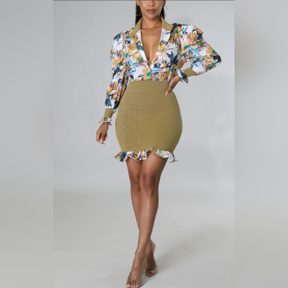 Athina Spring Floral Mesh Contrast Ruffle Mini Dress Size Small